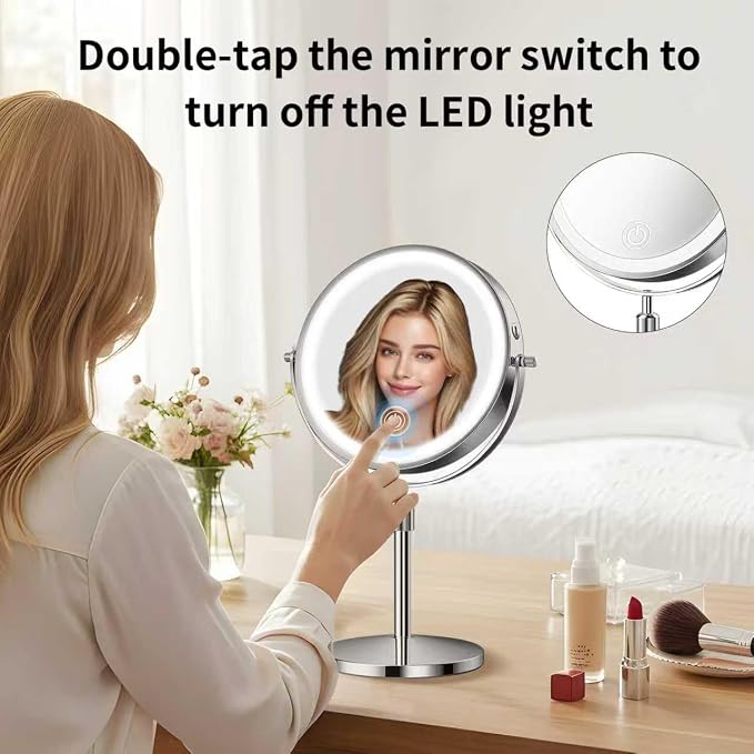 Double-Sided Makeup Mirror with Light, 1X/30X, 3 Colors, 3200mAh | 360° Rotating Mirror with Adjustable Brightness for Makeup, Skincare, and Vanity Use