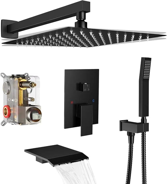Matt Black Shower System Rain Faucet Set with Tub Spout, 10 inch | All-Metal Wall Mounted Bathroom Shower Faucet Set with Safe Pressure Balance Valve, Water Saving High Pressure Rainfall Head
