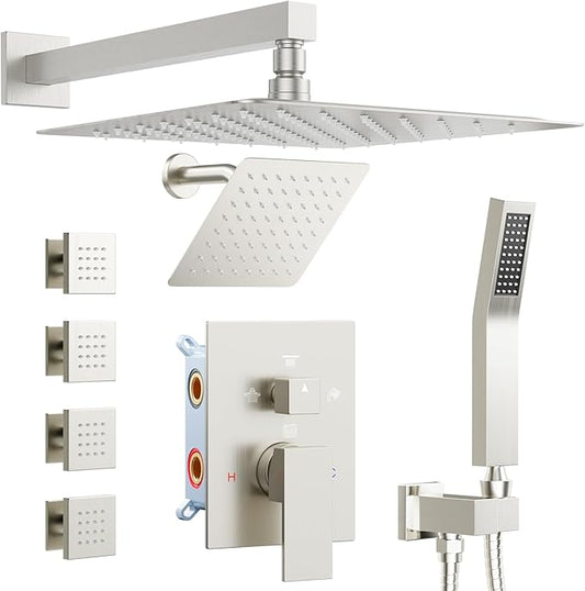 Shower Systems with 4 Body Spray Jets, STARBATH 4 Way 12+6" Rainfall Shower Head with Handheld Combo, Wall Mounted Shower Jets System in Wall Shower Faucet Sets Complete, Brushed Nickel