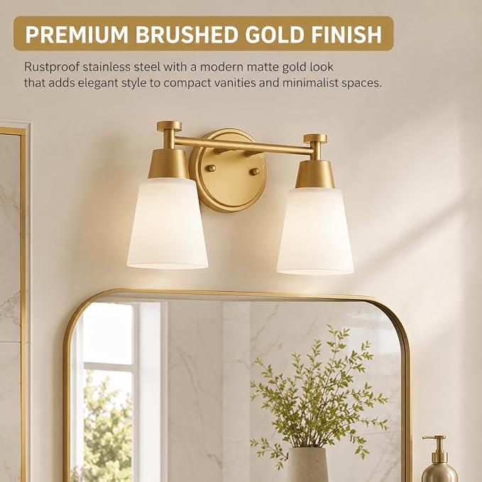 2 Light BathroomVanity Lights, Brushed Gold Wall Sconce Light with Frosted Glass, Bathroom Over Mirror Light Fixtures for Living Room, Bedroom, Hallway