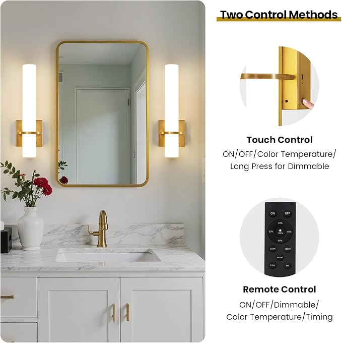 AIJIASI Battery Operated Gold Wall Sconces - 15 Inch Modern Sconce Wall Lighting 3000K-6000K Dimmable LED Wall Sconces Set of Two, Indoor Bathroom Sconce for Living Room Bedroom Hallway Stairway