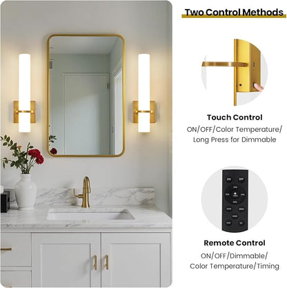 AIJIASI Battery Operated Gold Wall Sconces - 15 Inch Modern Sconce Wall Lighting 3000K-6000K Dimmable LED Wall Sconces Set of Two, Indoor Bathroom Sconce for Living Room Bedroom Hallway Stairway