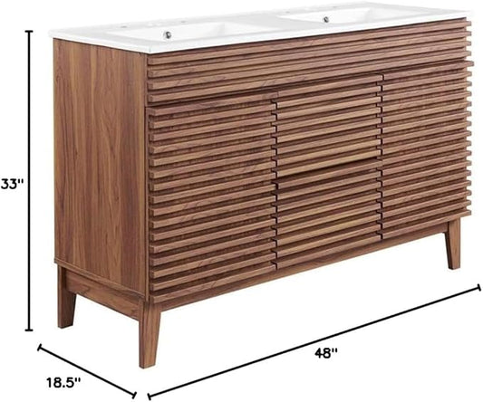 Pemberly Row 48" Modern Wood Double Sink Bathroom Vanity, Walnut/White Finish, MDF and Particleboard Construction, Ceramic Sink Basin, Mid-Century Style, Tapered Legs, Ample Storage for Bathroom Use