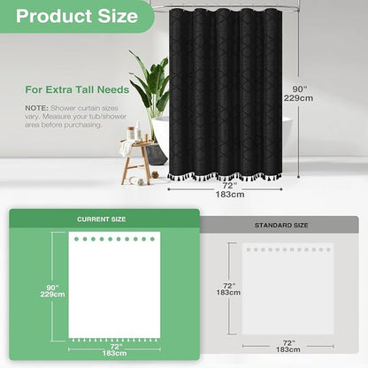 Extra Long Boho Shower Curtain Tufted Geometric 72"x90" Black | 90 Inch Tall, Elegant Tassel, Lightweight Textured Fabric, Water Repellent, Washable, Hotel Spa, for Bathroom/Dorm 12 Hooks