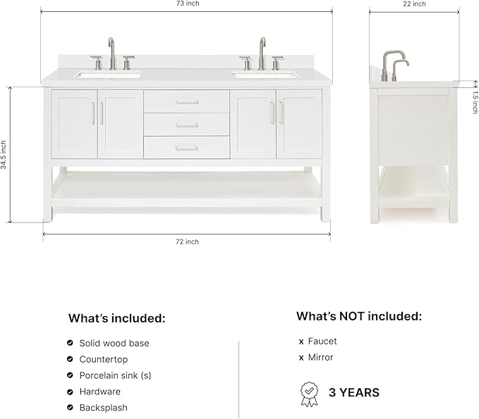 ARIEL Magnolia 72-inch Bathroom Vanity with Sink,Solid Wood, 1.5-inch Pure White Quartz Countertop & Backsplash, Double Rectangular Porcelain Sink, 4 Soft Closing Doors, 3 Dovetail Drawers, White