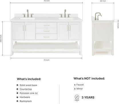ARIEL Magnolia 72-inch Bathroom Vanity with Sink,Solid Wood, 1.5-inch Pure White Quartz Countertop & Backsplash, Double Rectangular Porcelain Sink, 4 Soft Closing Doors, 3 Dovetail Drawers, White