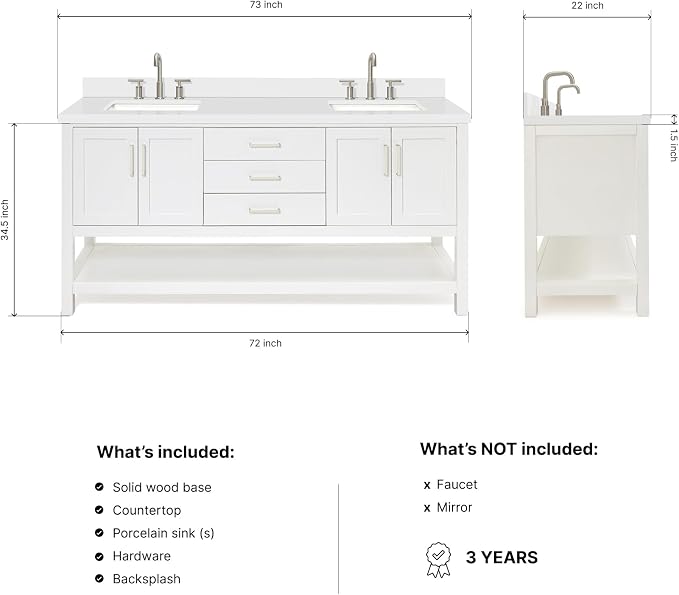 ARIEL Magnolia 72-inch Bathroom Vanity with Sink,Solid Wood, 1.5-inch Pure White Quartz Countertop & Backsplash, Double Rectangular Porcelain Sink, 4 Soft Closing Doors, 3 Dovetail Drawers, White