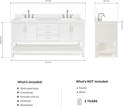 ARIEL Magnolia 72-inch Bathroom Vanity with Sink,Solid Wood, 1.5-inch Pure White Quartz Countertop & Backsplash, Double Rectangular Porcelain Sink, 4 Soft Closing Doors, 3 Dovetail Drawers, White
