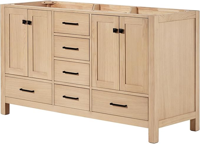 ARIEL Cambridge 60-inch Bathroom Vanity Base Cabinet,Solid Wood, 4 Soft Closing Doors, 6 Dovetail Drawers, White Oak