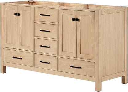 ARIEL Cambridge 60-inch Bathroom Vanity Base Cabinet,Solid Wood, 4 Soft Closing Doors, 6 Dovetail Drawers, White Oak