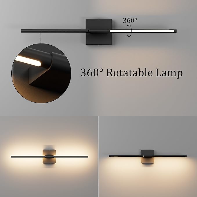 28In Hardwired Black Wall Sconce Modern Vantiy Light LED Bathroom Light Fixtures Over Mirror 3000K 360° Rotatable Bathroom Sconce