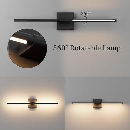 28In Hardwired Black Wall Sconce Modern Vantiy Light LED Bathroom Light Fixtures Over Mirror 3000K 360° Rotatable Bathroom Sconce