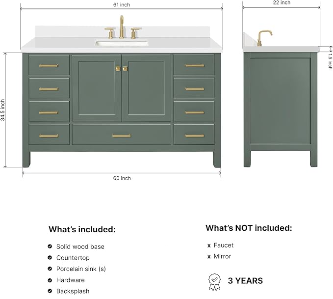 ARIEL Cambridge 60-inch Bathroom Vanity with Sink,Solid Wood, 1.5-inch Pure White Quartz Countertop, Single Rectangular Porcelain Sink, 2 Soft Closing Doors, 9 Dovetail Drawers, Vintage Green