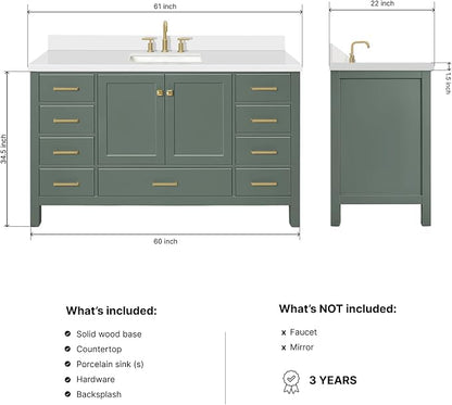 ARIEL Cambridge 60-inch Bathroom Vanity with Sink,Solid Wood, 1.5-inch Pure White Quartz Countertop, Single Rectangular Porcelain Sink, 2 Soft Closing Doors, 9 Dovetail Drawers, Vintage Green