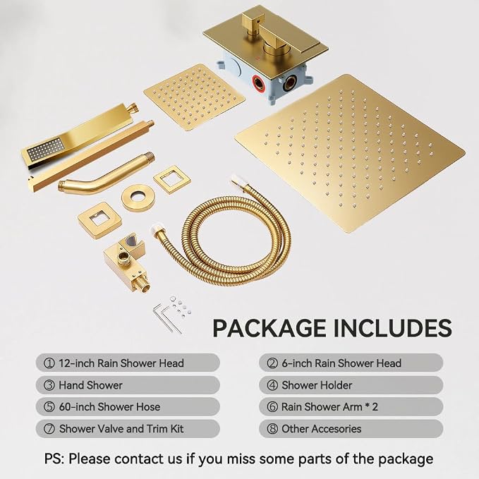Shower System Shower Faucet Set, STARBATH 12"+6" Wall Mount Rain Shower Head and Handheld Spray for Two Person, Rainfall Shower System with Diverter Valve and Trim Kit Complete,Brushed Gold