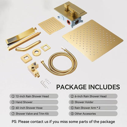 Shower System Shower Faucet Set, STARBATH 12"+6" Wall Mount Rain Shower Head and Handheld Spray for Two Person, Rainfall Shower System with Diverter Valve and Trim Kit Complete,Brushed Gold