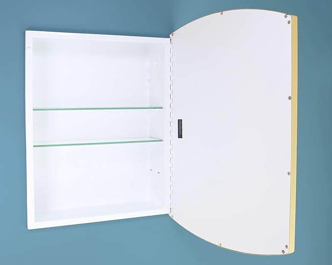 Fox Hollow Furnishings 16x20 Harper Crescent Metal Framed Rectangle Recessed Bathroom Medicine Cabinet, Arced Mirror, 14x18 in-Wall Opening, Adjustable Glass Shelves, Magnet Close, Gold