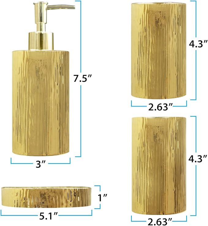 Blue Donuts Bathroom Accessories Set, Toothbrush Holder, Soap Dispenser, Gold, Ceramic, 4 Piece