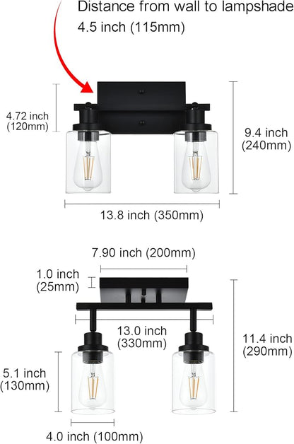 MELUCEE 2 Light Wall Scone Spotlight Semi Flush Mount Ceiling Light, 13.8 Inch Black Bathroom Lights Rotatable Track Lighting Kit for Hallway Porch Foyer Bath Storage, Clear Glass Shade