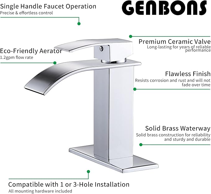Chrome Bathroom Faucet Waterfall Single Handle Bathroom Sink Faucet with Metal Pop-up Drain, Bathroom Faucet One Hole or 3 Hole with Deck Plate