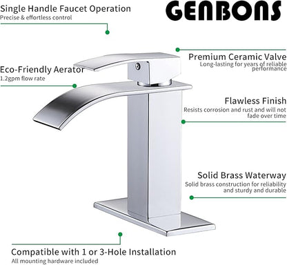 Chrome Bathroom Faucet Waterfall Single Handle Bathroom Sink Faucet with Metal Pop-up Drain, Bathroom Faucet One Hole or 3 Hole with Deck Plate