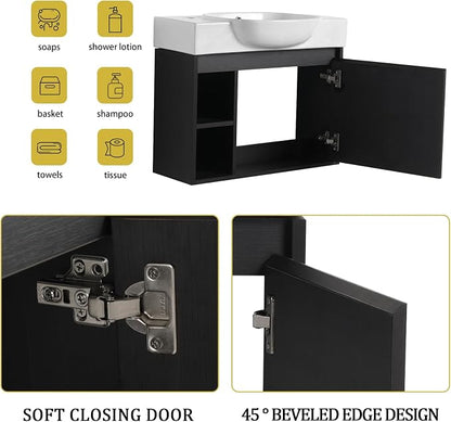 26" Wall Mounted Bathroom Vanity with Sink, Small Vanity, Dark Oak | Integrated Ceramic Sink, Soft-Close Door & 2 Open Storage Shelves, Small Bath Vanity Set, Easy to Clean