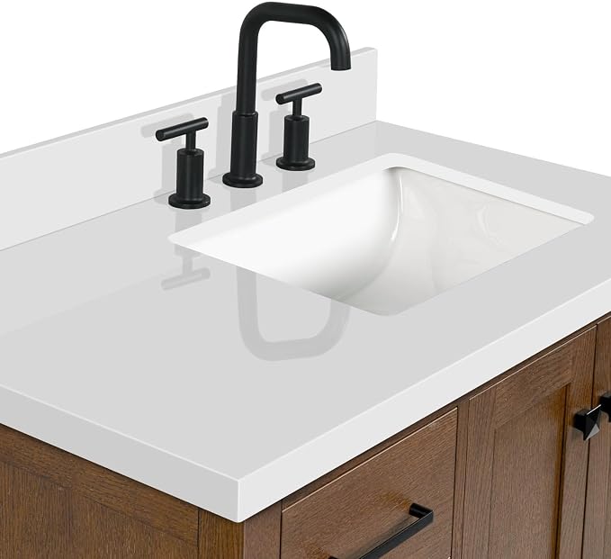 ARIEL Cambridge 36-inch Bathroom Vanity with Sink,Solid Wood, 1.5-inch Pure White Quartz Countertop, Single Rectangular Porcelain Sink, 2 Soft Closing Doors, 5 Dovetail Drawers, Brown Oak