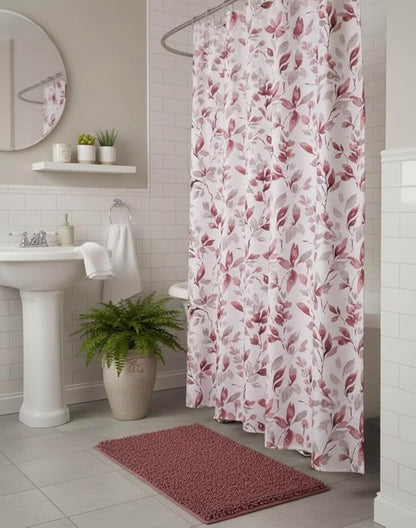 Serafina Home Hotel Quality Fabric Bathroom Shower Curtain: Floral Leaf Damask - Pink, Gray and White (72 x 70 inches)
