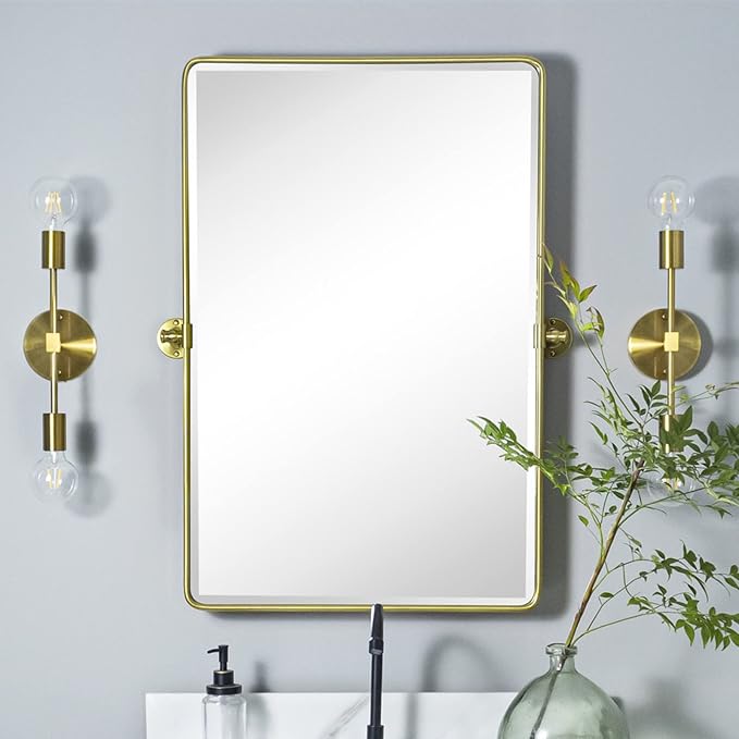 TEHOME 20x30'' Pivot Rectangle Bathroom Vanity Mirror Brushed Gold Rounded Corner Metal Framed Tilting Beveled Vanity Wall Mirrors