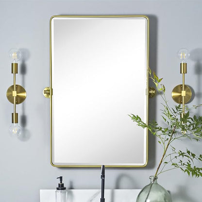 TEHOME 20x30'' Pivot Rectangle Bathroom Vanity Mirror Brushed Gold Rounded Corner Metal Framed Tilting Beveled Vanity Wall Mirrors