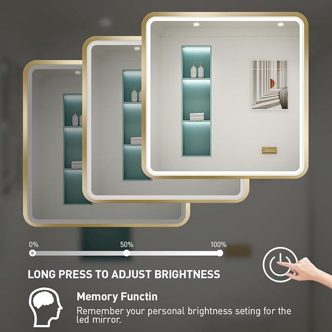 36X36 Inch LED Gold Frame Bathroom Mirror, ETL Listed | Anti-Fog,3 Color 3000K/4500K/6000K Dimmable,Horizontal & Vertical,Wall Mounted,Memory Function