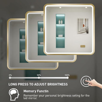 36X36 Inch LED Gold Frame Bathroom Mirror, ETL Listed | Anti-Fog,3 Color 3000K/4500K/6000K Dimmable,Horizontal & Vertical,Wall Mounted,Memory Function