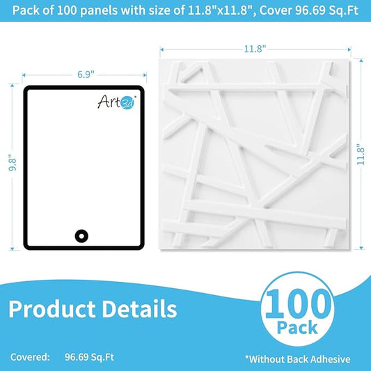 Art3d 100 Pack Decorative 3D Wall Panels, 97 Sq.Feet PVC Interior Wall Décor, 11.8"x11.8", White