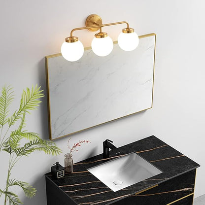 Gold Bathroom Vanity Light Fixtures Over Mirror, Modern Brass 3 Lights Wall Sconce with Milky Glass Ball Shade, Mid Century Farmhouse Vanity Lighting