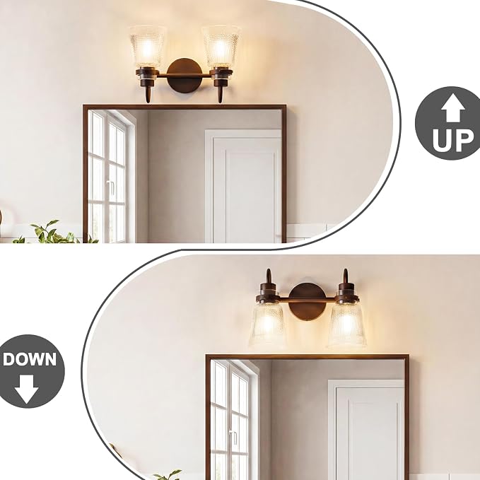 2-Light Bathroom Vanity Light, 13.8 Inch Farmhouse Bathroom Light Fixtures with Clear Striped Glass Shade, Oil Rubbed Bronze Wall Sconce Lighting Over Mirror for Bedroom Hallway Cabinet