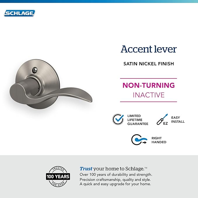 Schlage F170 ACC 619 RH Right Handed Accent Door Lever, One Sided Non-Turning Dummy Door Handle, Satin Nickel