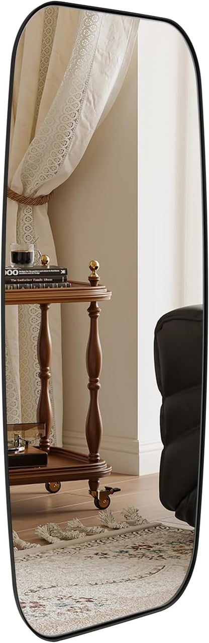 18x48 Full Length Wall Mirror, Matte Black Oblong Shaped Body Mirror with Stainless Steel Metal Frame, Rounded Corner Design for Floor and Leaning