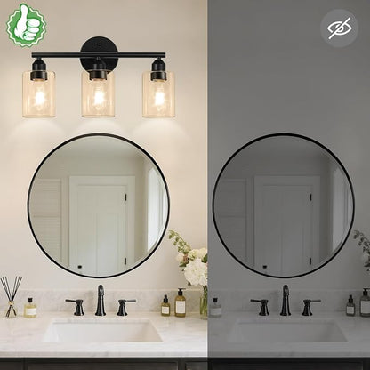 3-Light Bathroom Vanity Light Fixture, Modern Wall Lamp for Mirror with Clear Amber Glass Shade and Black Finish