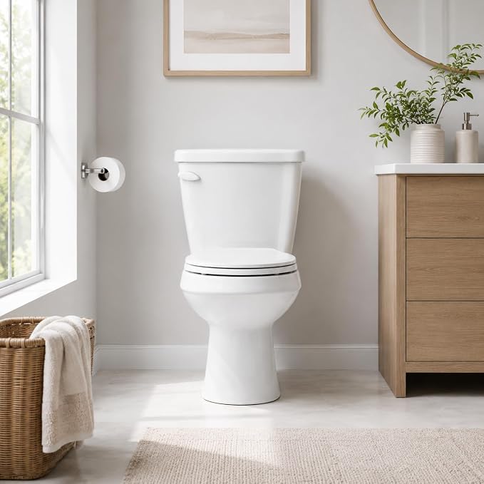 Space Saving 15 Inch Round Front Two Piece Toilet, Compact Side Flush White Ceramic Commode for Small Bathroom, 1.28 GPF Siphonic Flush, Soft Close Seat, cUPC, 12 Inch Rough-In
