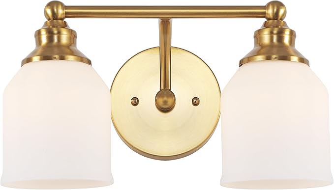 JONATHAN Y 14" Brass Gold/White Modern Farmhouse LED Vanity Light Wall Sconce Fixture, Frosted White Glass Shade, Dimmable Wall Lamp for Bathroom Mirror Kitchen Sink, UL Listed (JYL7550B)