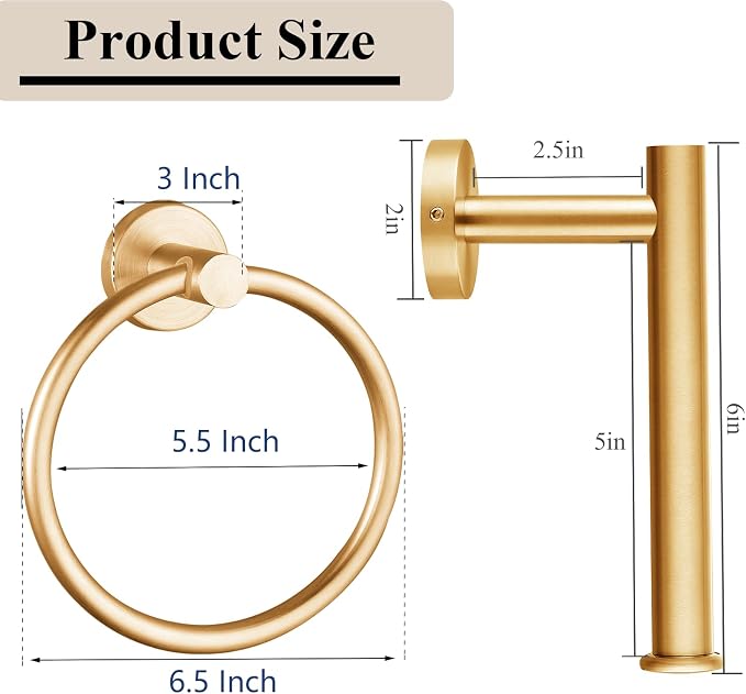 Brushed Gold Bathroom Hardware Set, Towel Ring & Toilet Paper Holder, Stainless Steel SUS304, Hand Towel Hanger & Toilet Roll Holder, Sturdy Bathroom Accessories for Home or Kitchen