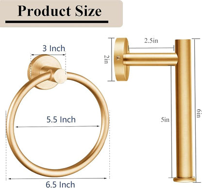 Brushed Gold Bathroom Hardware Set, Towel Ring & Toilet Paper Holder, Stainless Steel SUS304, Hand Towel Hanger & Toilet Roll Holder, Sturdy Bathroom Accessories for Home or Kitchen