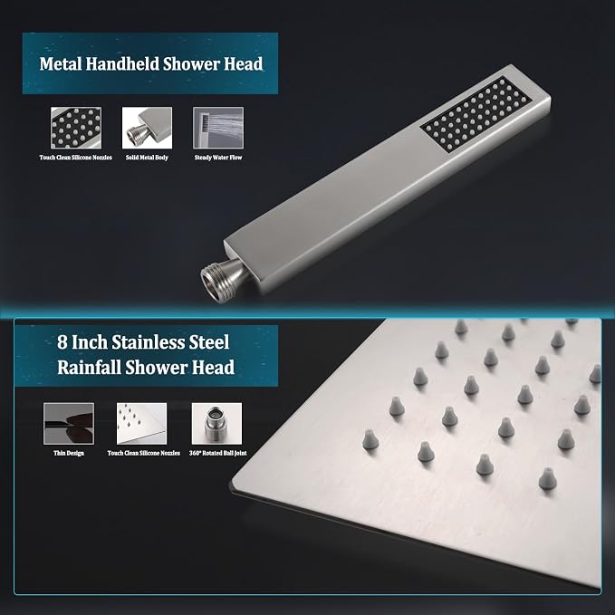 All Metal For California Rain Shower Head with Handheld Spray Combo, YDmeet 8 Inch Rainfall Shower Head, 14" Adjustable Extended Arm, Stainless Steel Handheld, 3 Way Diverter, 71" Hose, Brushed Nickel