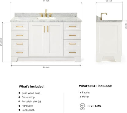 Emilia 60 Inch Bathroom Vanity Single Sink — White Bathroom Vanity with Sink, 1.5" Edge Italian Carrara Marble Countertop, Solid Wood, 2 Soft-Close Doors, 9 Dovetail Drawers