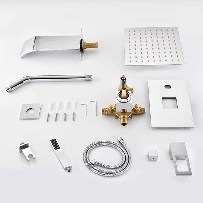 SUMERAIN Shower System with Waterfall Tub Spout, Chrome Finish | 3 Functions, 8" Rain Shower Head, Brass HandHeld Shower, Anti-scalding Pressure Balance Cartridge, Including Rough-In Valve