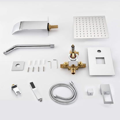 SUMERAIN Shower System with Waterfall Tub Spout, Chrome Finish | 3 Functions, 8" Rain Shower Head, Brass HandHeld Shower, Anti-scalding Pressure Balance Cartridge, Including Rough-In Valve