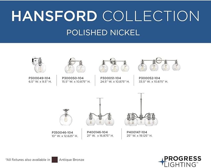 Progress Lighting P300052-104 Hansford Bath & Vanity, 4 Light, Polished Nickel