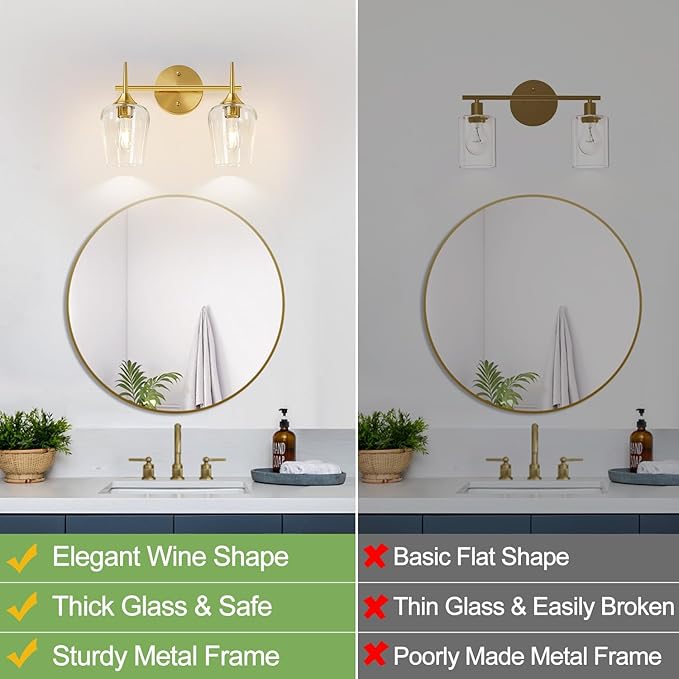 2-Light Bathroom Light Fixtures, Gold Vanity Lights for Bathroom with Clear Glass, Bathroom Lighting Fixtures Over Mirror, Modern Wall lamp for Cabinet Hallway
