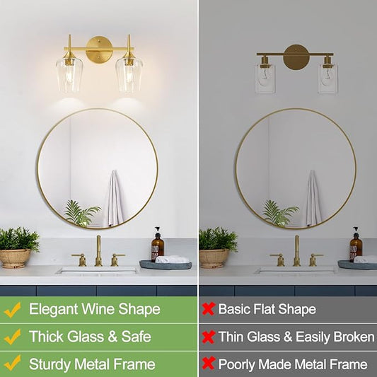 2-Light Bathroom Light Fixtures, Gold Vanity Lights for Bathroom with Clear Glass, Bathroom Lighting Fixtures Over Mirror, Modern Wall lamp for Cabinet Hallway
