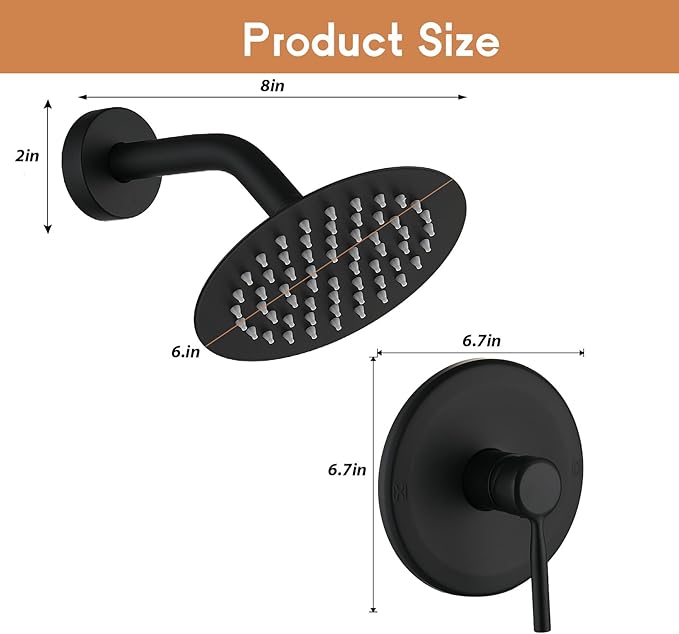 Matte Black Shower Faucet Set with 6 Inch Rainfall Showerhead, Shower Valve Kit for Bathroom Stainless Steel Black Showerhead and Handle Set